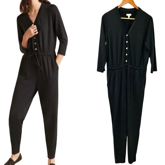Garnet Hill Traverse Knit Jumpsuit Size S Black Pockets Minimalist Capsule - Picture 1 of 7